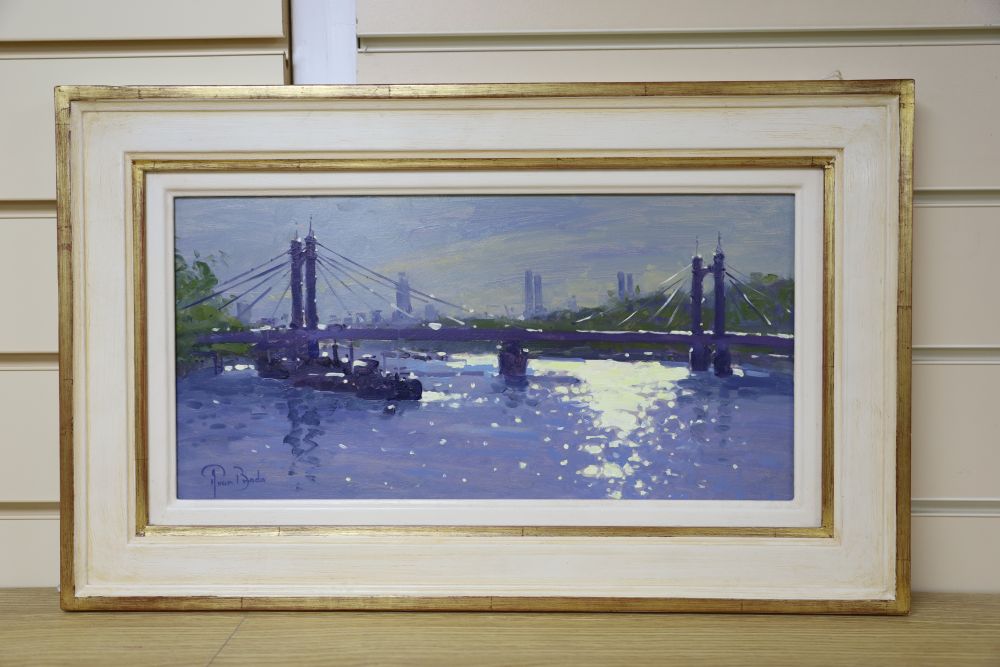 Peter Van Breda, oil on board, Albert Bridge towards Battersea, signed, 19 x 39cm